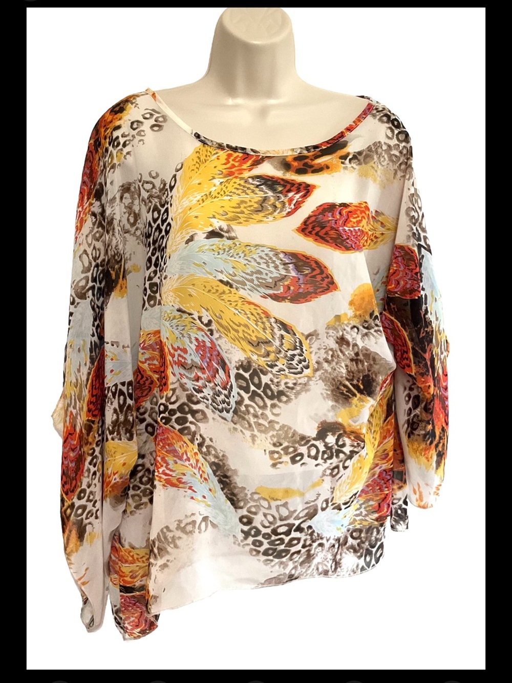 Women’s Multicolor Feather-Print Blouse - Lightweight Scoop Neck Top
